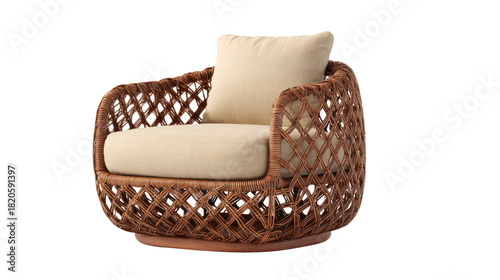 Stylish rattan armchair with cream cushions and a unique woven design on a transparent background, perfect for modern living. background removed