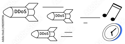 Three labeled missiles flying towards music notes and clock, representing disruptive forces in technology. Ideal for cyberattack, cybersecurity, disruption, music piracy, time pressure, system