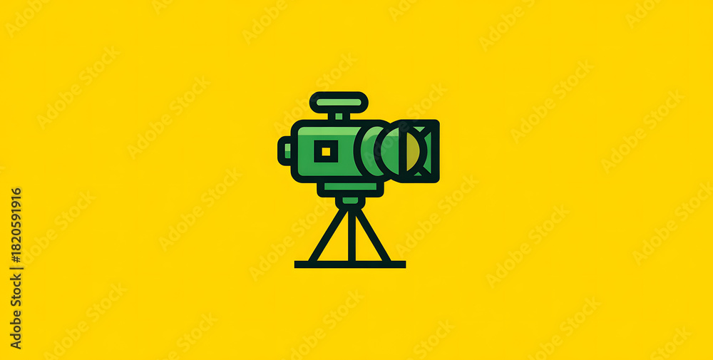 Fototapeta premium Video camera icon vector illustration with simple line art design in green and yellow tones on solid background, representing digital media, recording technology, and creative minimal logo concept