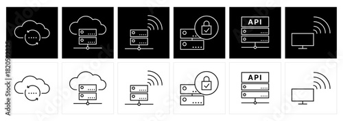 Cloud Computing, Network, Server and Security Line Icons Set. Data Connection, API Interface and Digital Technology Symbols.