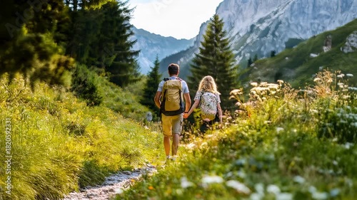 Young couple holding hands hiking in the mountains on a sunny day