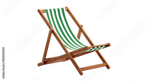 A classic wooden deck chair with vibrant green and white stripes, perfect for relaxing by the beach or pool. Isolated. background removed