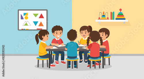 Engaged Children Learning Together At Classroom Table Education Concept