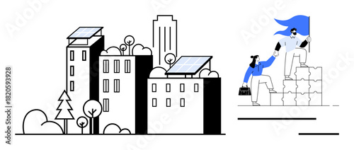 Modern buildings with solar panels surrounded by trees, juxtaposed with professionals supporting each other on stacked blocks. Ideal for sustainability, teamwork, collaboration, leadership, renewable