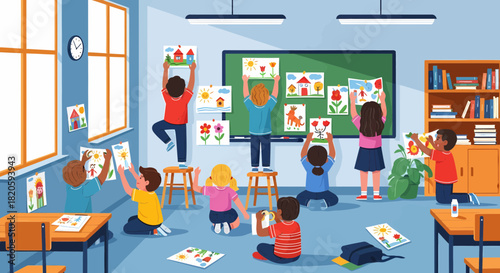 Enthusiastic Children Decorating Classroom With Drawings And Artwork