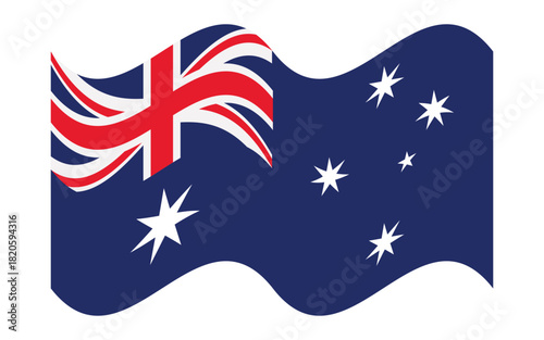Vector illustration of the Australian national flag in a smooth waving shape, featuring the Union Jack, Commonwealth Star, and Southern Cross. Ideal for patriotic designs, education, and presentations