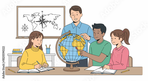 Enthusiastic Teacher Explaining Geography to Students with World Globe