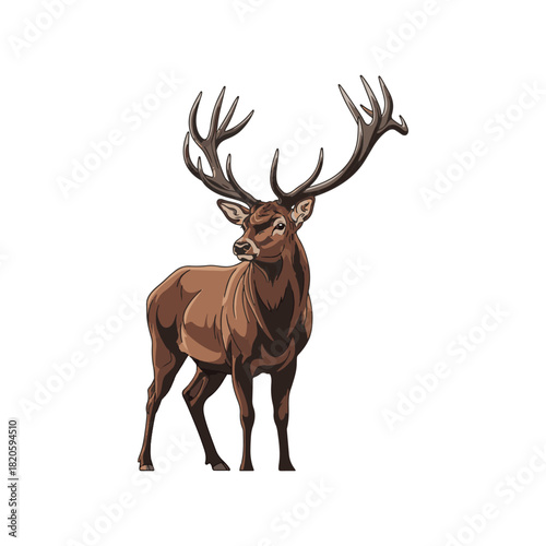 Illustration of a majestic brown stag with large antlers, standing and looking to the side against a white background.