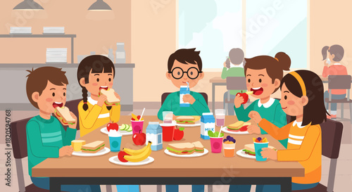 Happy Children Enjoying Healthy Lunch Together In School Cafeteria