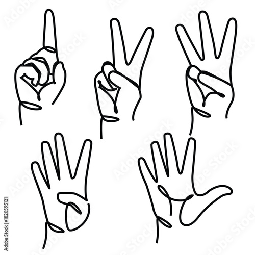 Hands show the number one two three four five one line drawing. Hands show the number one two three four five single line illustration. 