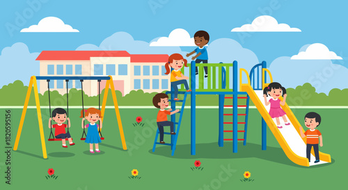 Joyful Children Playing Together At Colorful Cartoon Playground Outdoors
