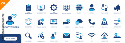 Remote work icon. Includes remote support, file sharing, home office, virtual meeting. Solid vector icon set.