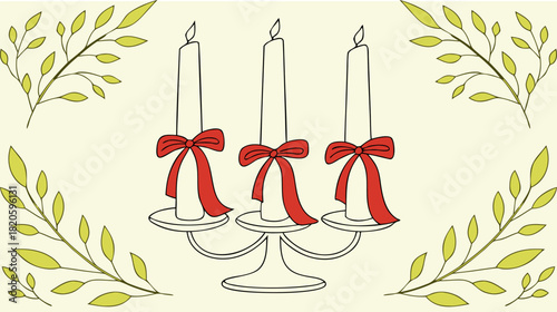 Vector illustration of illustration of a candelabra with three candles and red bows, framed by green leaves