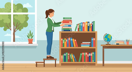 Woman Arranging Books On Shelves In A Sunny Room
