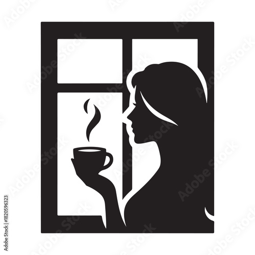 woman holding coffee cup looking through window vector silhouette clip art logo design illustration