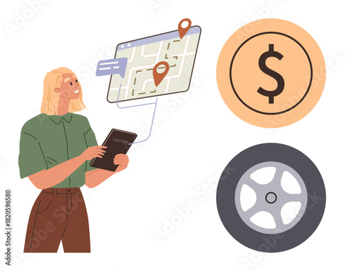 Woman holding tablet, viewing GPS map interface. Includes location pins, dollar sign, wheel. Ideal for transportation, logistics, delivery navigation tracking budgeting automotive. Simple flat