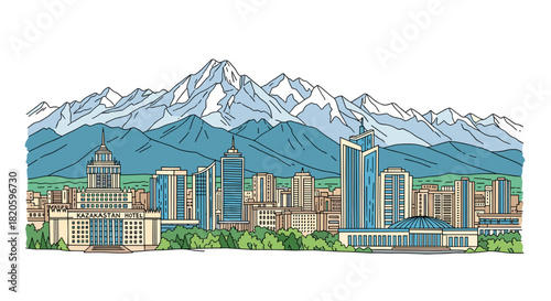 Almaty skyline doodle with iconic landmarks and architecture