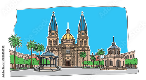 Guadalajara skyline doodle with iconic landmarks and architecture