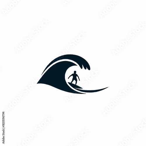 Simple silhouette of a surfer riding a large ocean wave.
