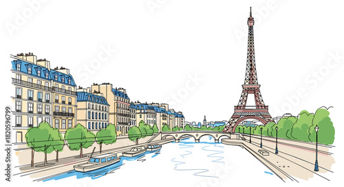 Paris skyline doodle with iconic landmarks and architecture