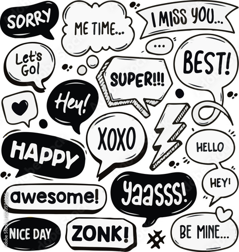 Expressive Dialogue Bubbles A collection of quirky dialogue bubbles filled with diverse phrases, each representing unique expressions and sentiments.