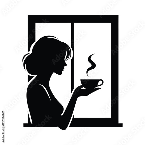 woman holding coffee cup looking through window vector silhouette clip art logo design illustration