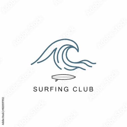 Surfing Club Logo with Wave and Surfboard Icon.