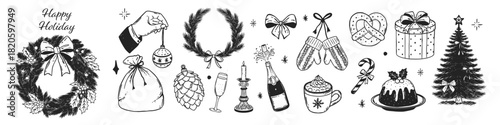 Hand drawn holiday sketch set. Whimsical Christmas wreaths, tree, mittens, gift box, champagne, candles, bells and festive bows 