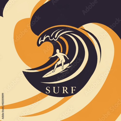 Stylized graphic emblem of a surfer riding a large ocean wave.