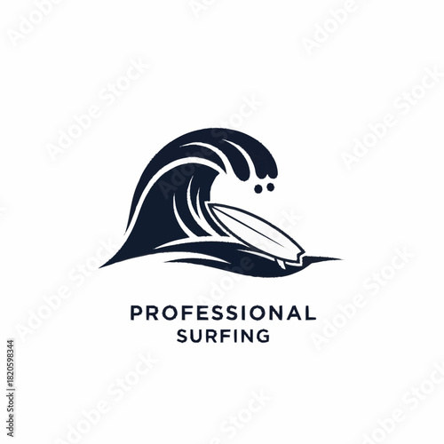 Professional Surfing Logo with Wave and Surfboard Design.