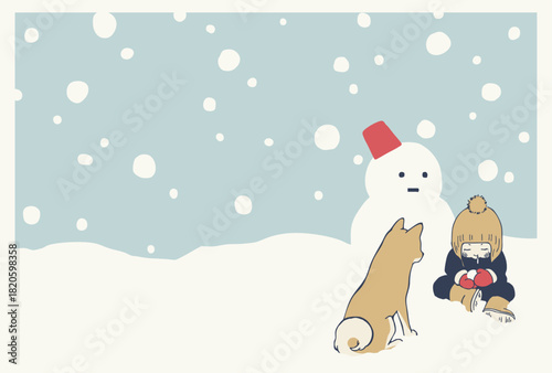 雪遊びをする子供を見守る柴犬と雪だるま　レトロなベクターイラスト