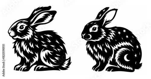 Two detailed black and white rabbits one with moon markings captured in a linocut style