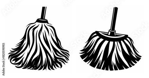 Two hand drawn style mops ready for cleaning tasks and household chores illustration