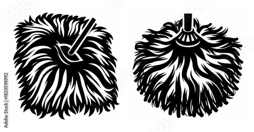Two detailed monochrome close-up renderings of fluffy pom-poms showing different angles and texture
