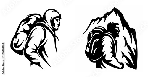 Two mountain climbers with backpacks ready for summit adventure outdoors