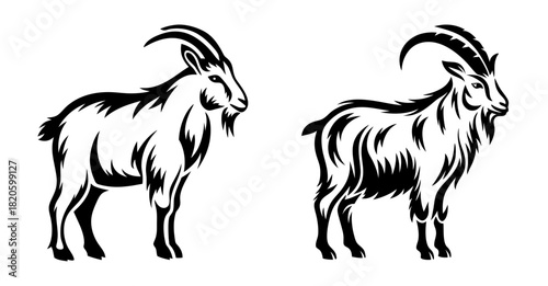 Striking outline drawings of two majestic mountain goats facing different directions artfully depicted