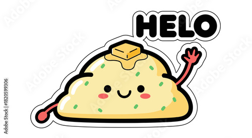 Mashed potatoes cartoon character with butter and hello message