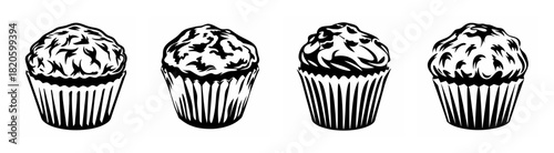 Four detailed black and white sketch style muffins lined up ready for enjoyment
