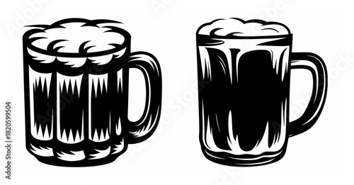 Two refreshing beer mugs with foamy tops and detailed textures presented side by side