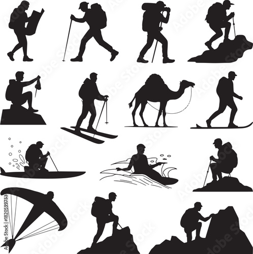 Backpacker with map in outdoor adventure exploring concept black vector silhouette