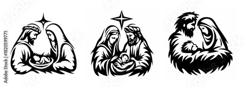 Three unique nativity scene silhouettes featuring mary joseph and baby jesus under a star
