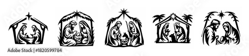 Intricate nativity scene detail depicting figures and stable elements in a vintage sketch style