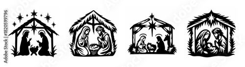 Four distinct black and white nativity scenes depicting the birth of jesus in a stable setting