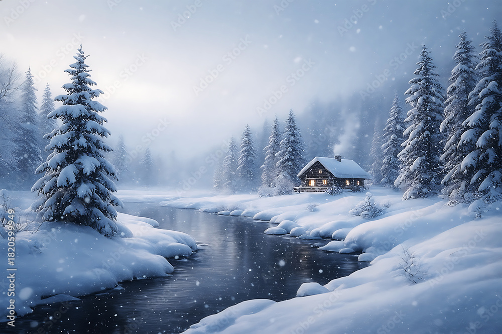 Fototapeta premium Cozy snow-covered cabin nestled by tranquil winter river scene