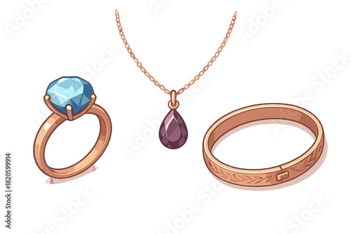 Luxury gold jewelry set with blue gemstone ring, purple pendant necklace, and detailed bangle bracelet