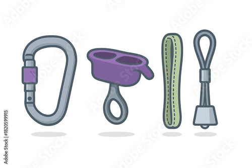 Essential rock climbing and mountaineering gear set with carabiner belay device and nut