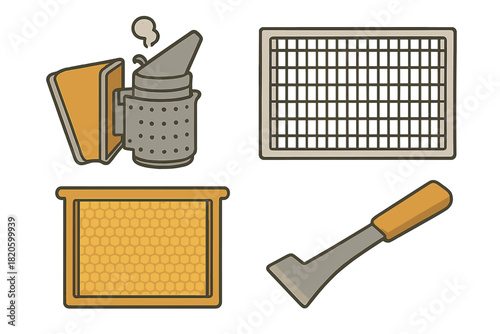 Essential beekeeping equipment set with smoker, honeycomb frame, hive tool, and queen excluder
