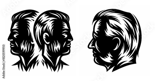 Symbolic representation of confrontation or agreement between multiple individuals facing each other