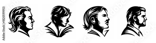 Four stylized charcoal sketches of male profiles diverse hairstyles and features captured