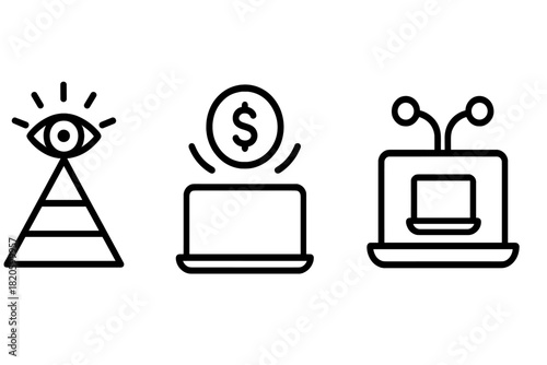 Modern business and technology concepts including digital finance, surveillance, and media communication